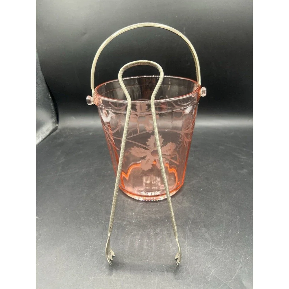 Vintage Cambridge Pink Depression Glass Ice Bucket Etched Floral Grapes Tongs